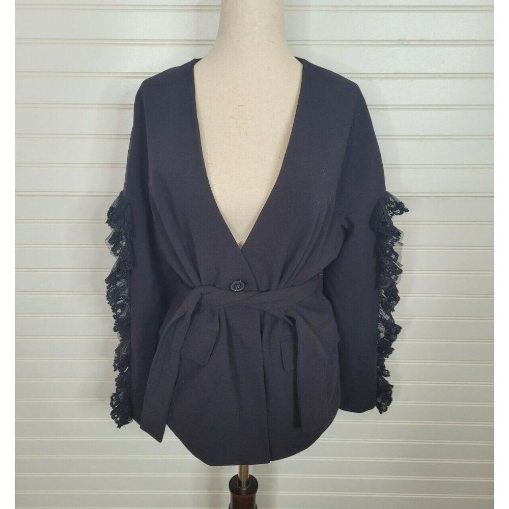 Zara Black Lace Sleeve Belted Blazer M Jacket